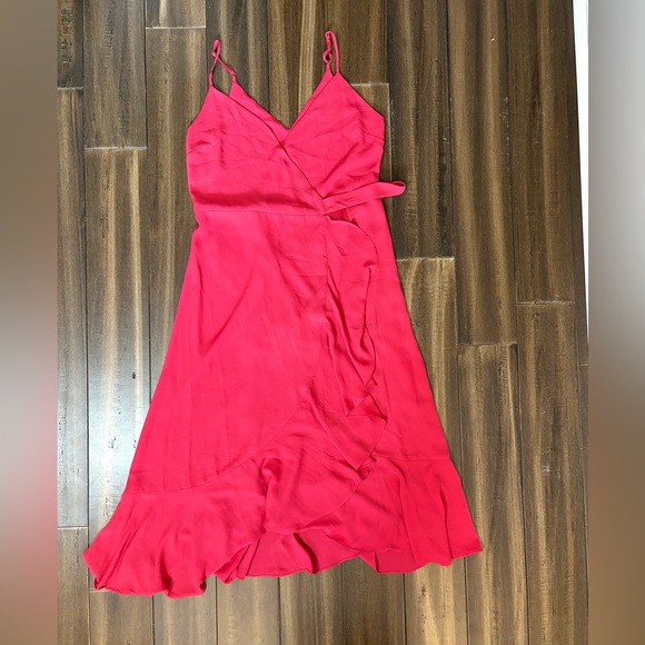 Lulus Dresses & Skirts - Lulus Pink Coral Wrap Dress Sleeveless Straps Midi Ruffle Hem V Neck High Waist